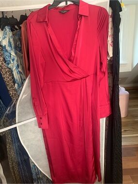 Women's Red Wrap-Style Long Sleeve Dress